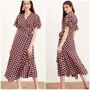 Kitri Eliana Polka Dot Wrap Dress in Aubergine & White Polka Dots